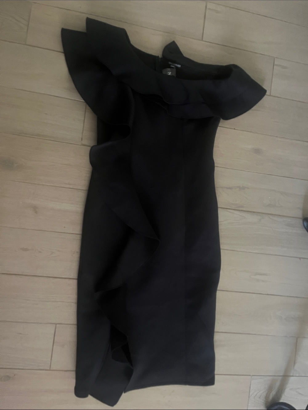 Nina Leonard Black One-Shoulder Ruffle Cocktail Dress